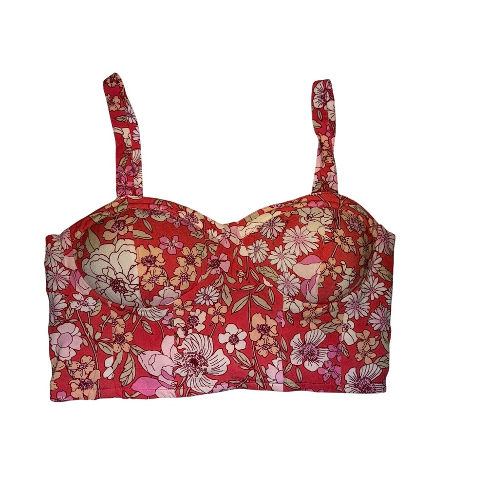 B-O-G Collective Red Floral Bustier Crop Top Smocked Back Medium